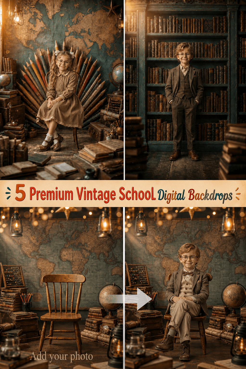 5 Vintage School Digital Backdrops, Old Library Classroom Background Bundle, Retro Student Portrait Overlay, Photoshop Composite JPG