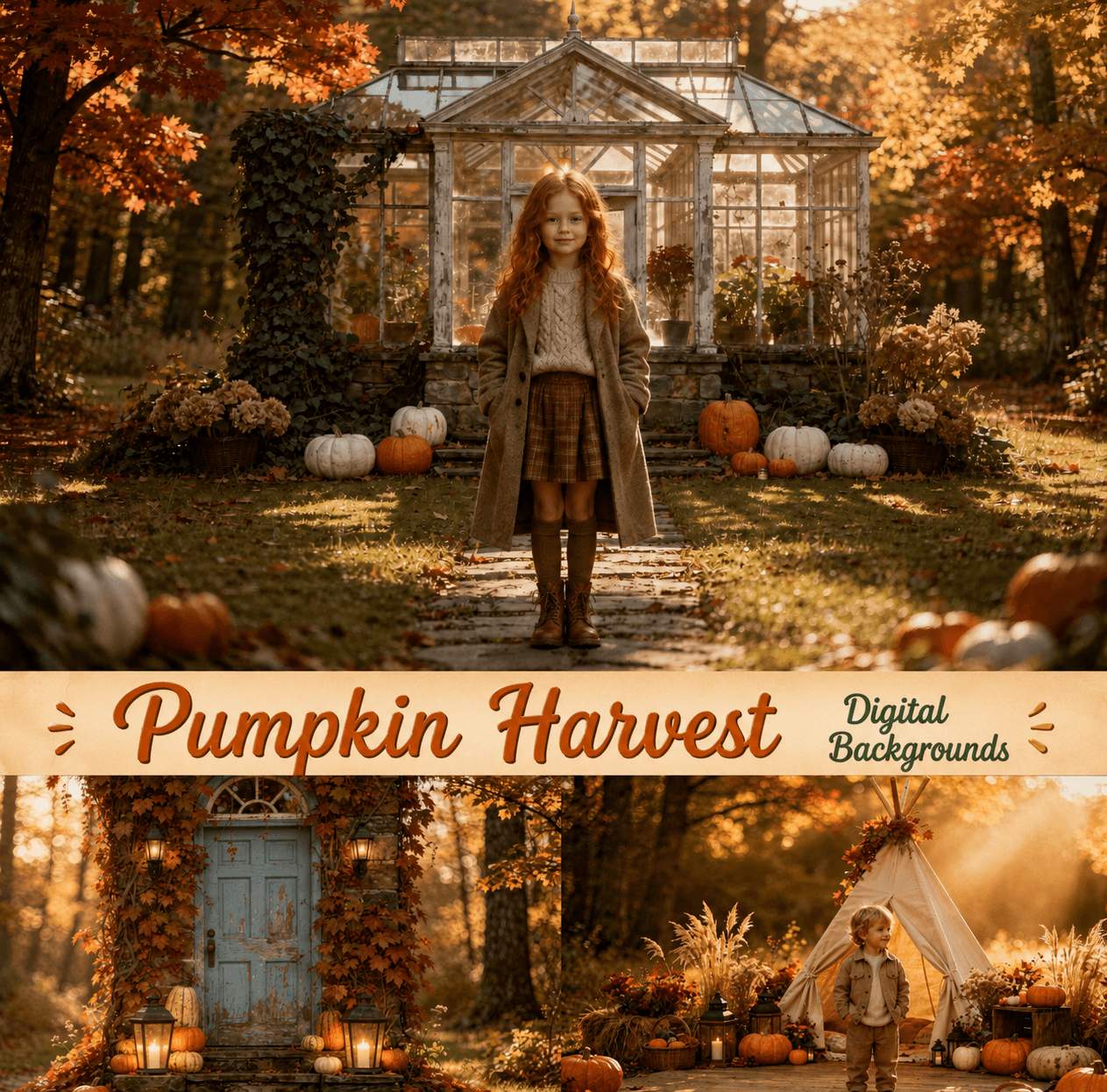 25 Fall Digital Backdrops, Autumn Photography Background Bundle, Rustic Pumpkin Forest, Harvest Portrait Scene, Instant Download