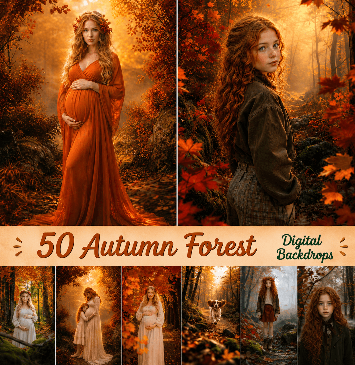 50 Autumn Forest Digital Backdrops, Fall Photography Background Bundle, Woodland Portrait Scenes,  Maternity, Child, Family Photoshoot