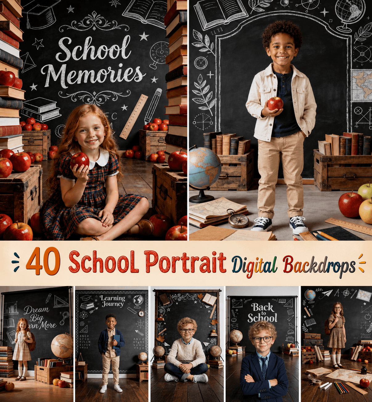 40 School Portrait Digital Backdrops, Classroom Backgrounds, Back to School Photography, Chalkboard, Teacher, Library, Globe, Apple