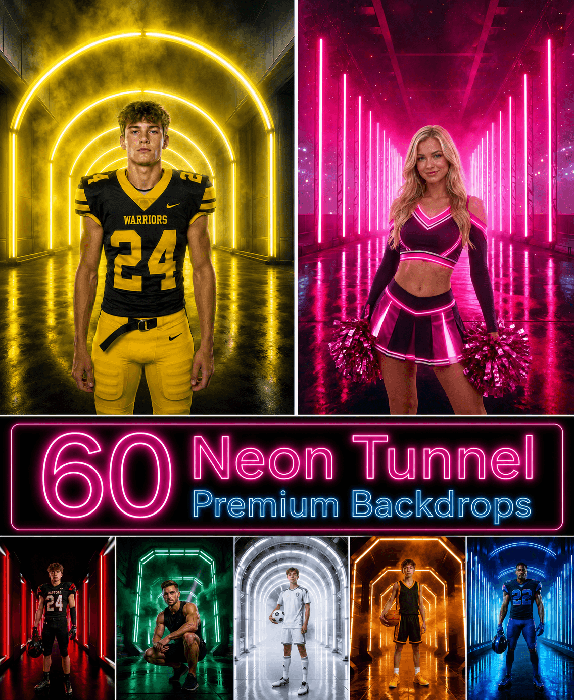 60 Neon Tunnel Digital Backdrops, Sports Photography Backgrounds, Football Cheerleading Soccer Basketball, Athlete Portraits