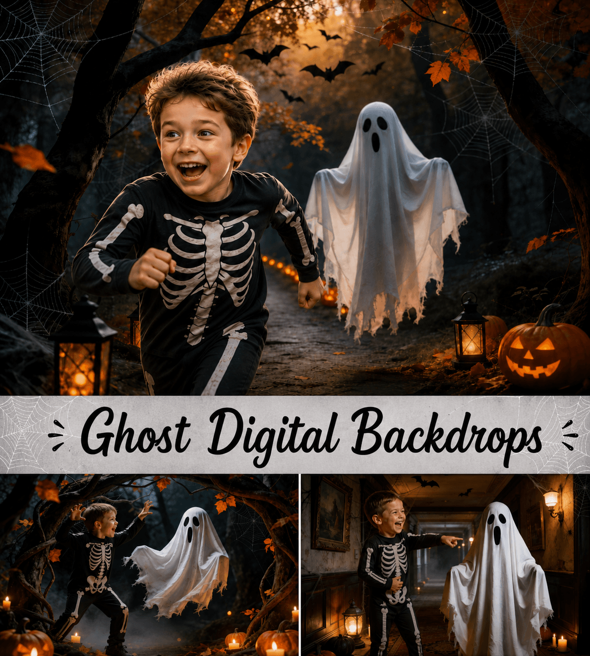 Halloween Digital Backdrops, Ghost Photography Backgrounds, Spooky Portrait Scenes, Haunted Forest JPG  Set