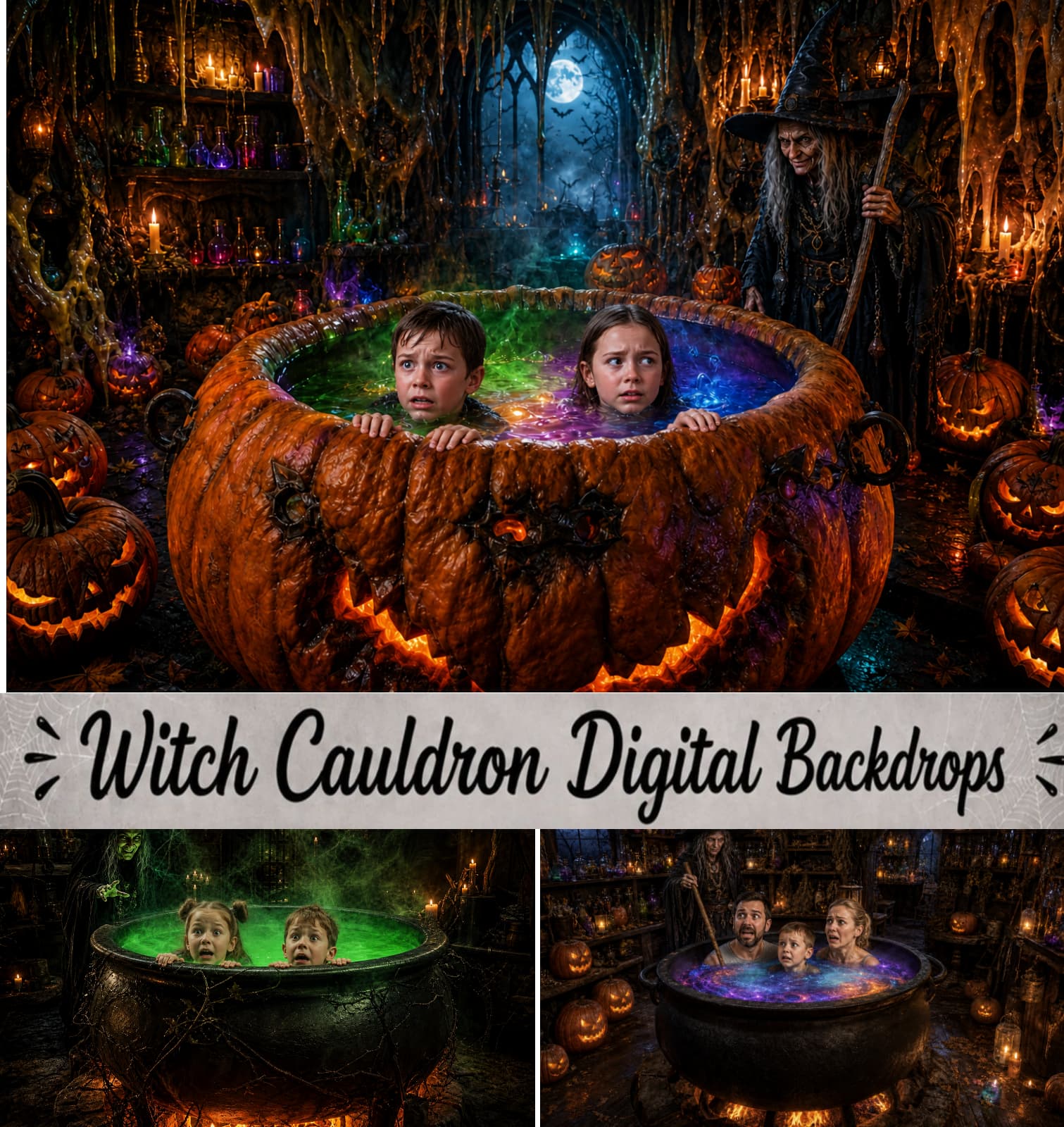 Halloween Witch Cauldron Digital Backdrops Bundle, Spooky Potion Photography Backgrounds, Magical Fantasy JPG, Instant Download