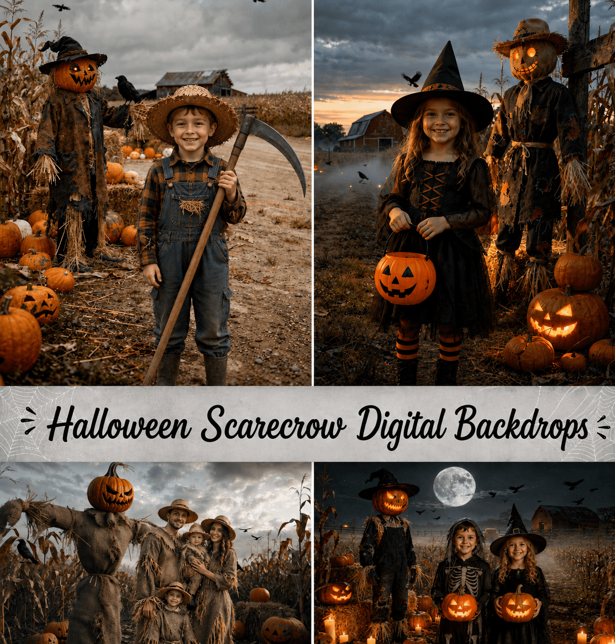 25 Halloween Scarecrow Digital Backdrops, Cornfield Farm JPG, Pumpkin Patch Photography, Kids Portrait Photography