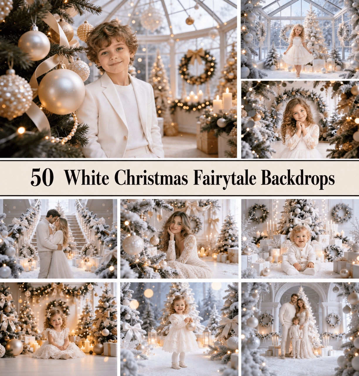 50 White Christmas Fairytale Portrait Backdrops | Luxury Family & Kids Photography | Soft Bokeh Christmas Backgrounds | Photoshop Composite
