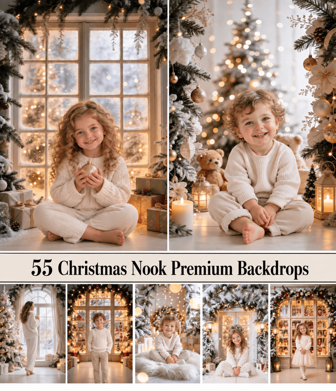 55 Christmas Nook Digital Backdrops, Cozy Holiday Photography Scenes, Winter Wonderland Set, Instant Download