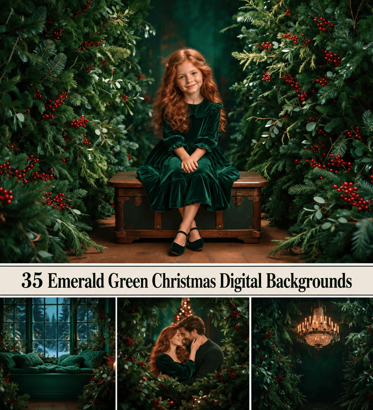 Emerald Green Christmas Digital Backgrounds, Holiday Photo Backdrops, Cozy Nook Set