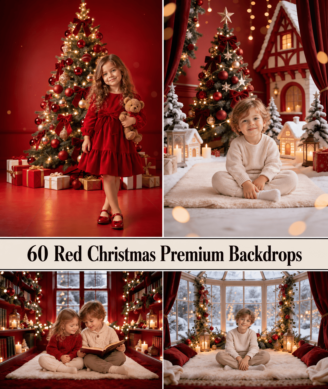 60 Red Christmas Nook Digital Backdrops: Christmas Photography Backgrounds
