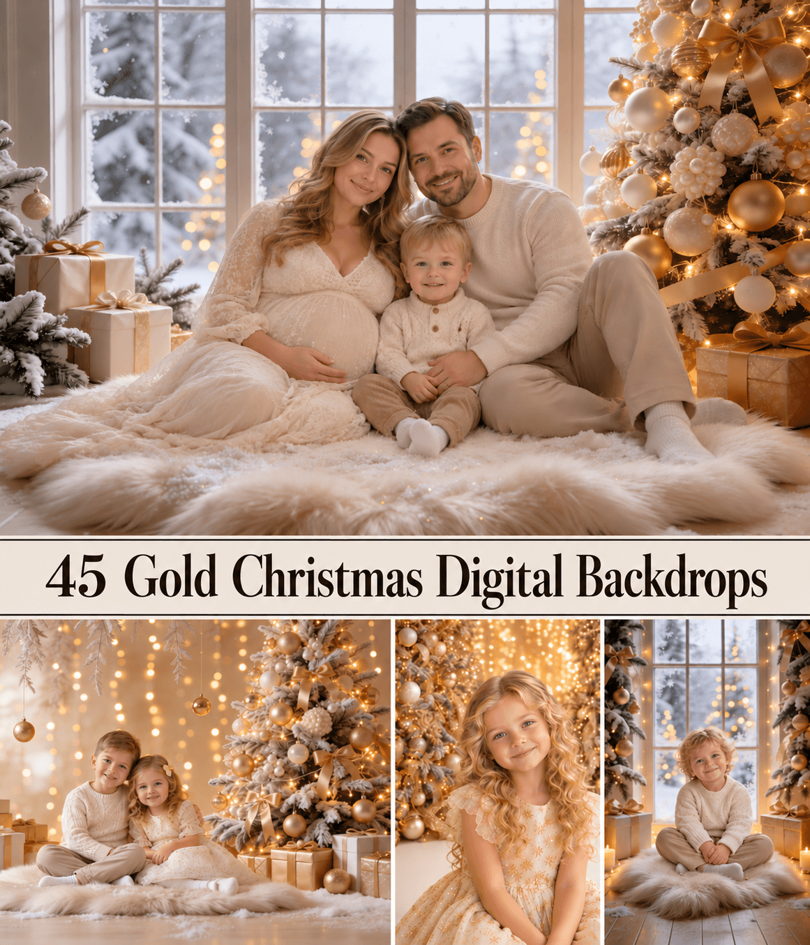 45 Gold Christmas Digital Backdrops, JPG, Horizontal & Vertical Formats - Image 1
