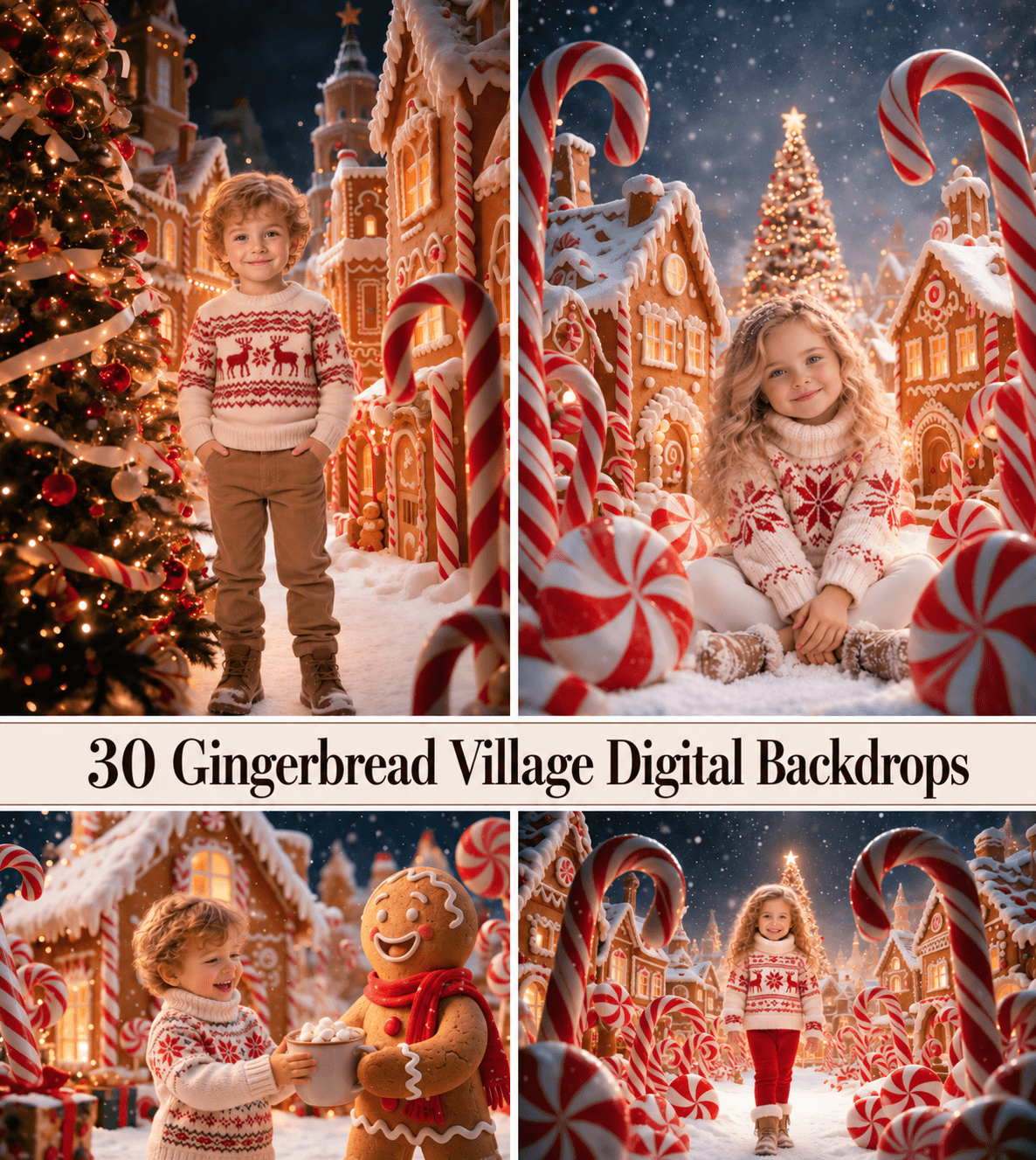 30 Gingerbread Village Digital Backdrops, Christmas Photo Backgrounds - Image 1