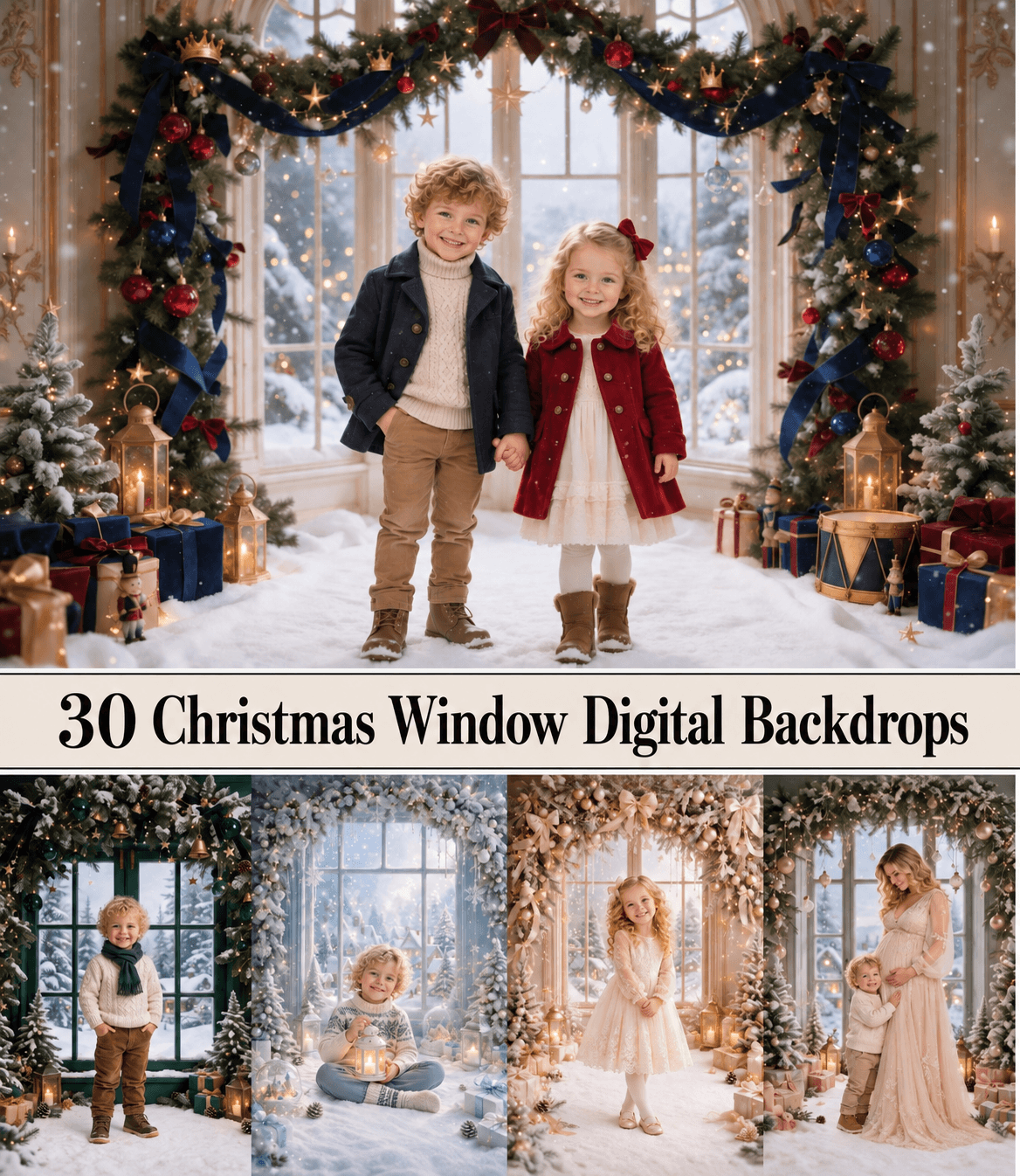 30 Christmas Window Digital Backdrops, Winter Wonderland Photography Backgrounds, Holiday Portrait Bundle, Snowy Festive Scenes