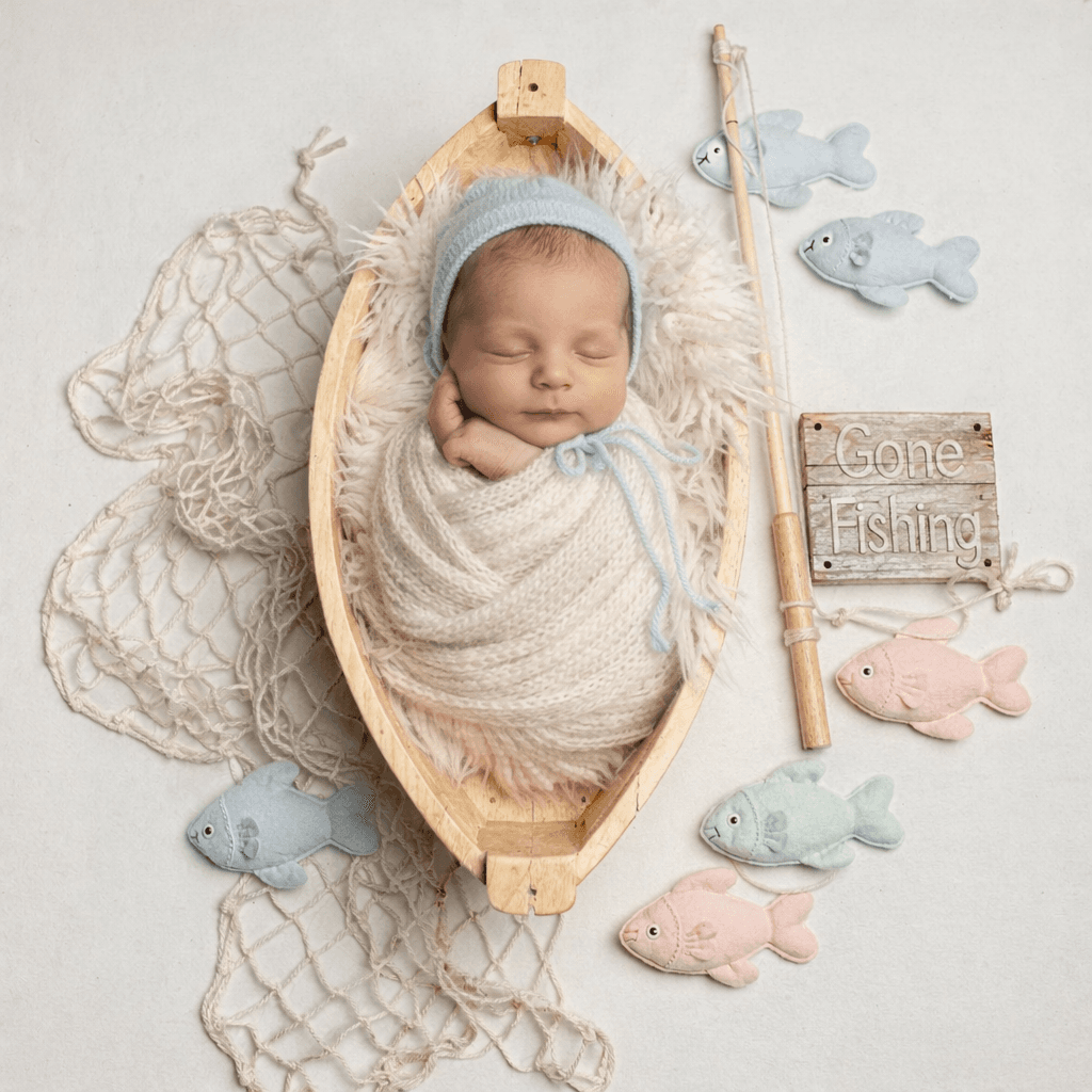 Newborn Fishing Photo Prop, Baby Boy Fishing Theme, Rustic Boat Newborn Photography, Gone Fishing Baby, Newborn Photoshoot Setup