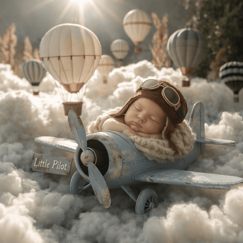 Little Pilot Newborn Backdrop, Vintage Airplane Baby Photography Background, Hot Air Balloon Clouds Prop, Neutral Studio Setup