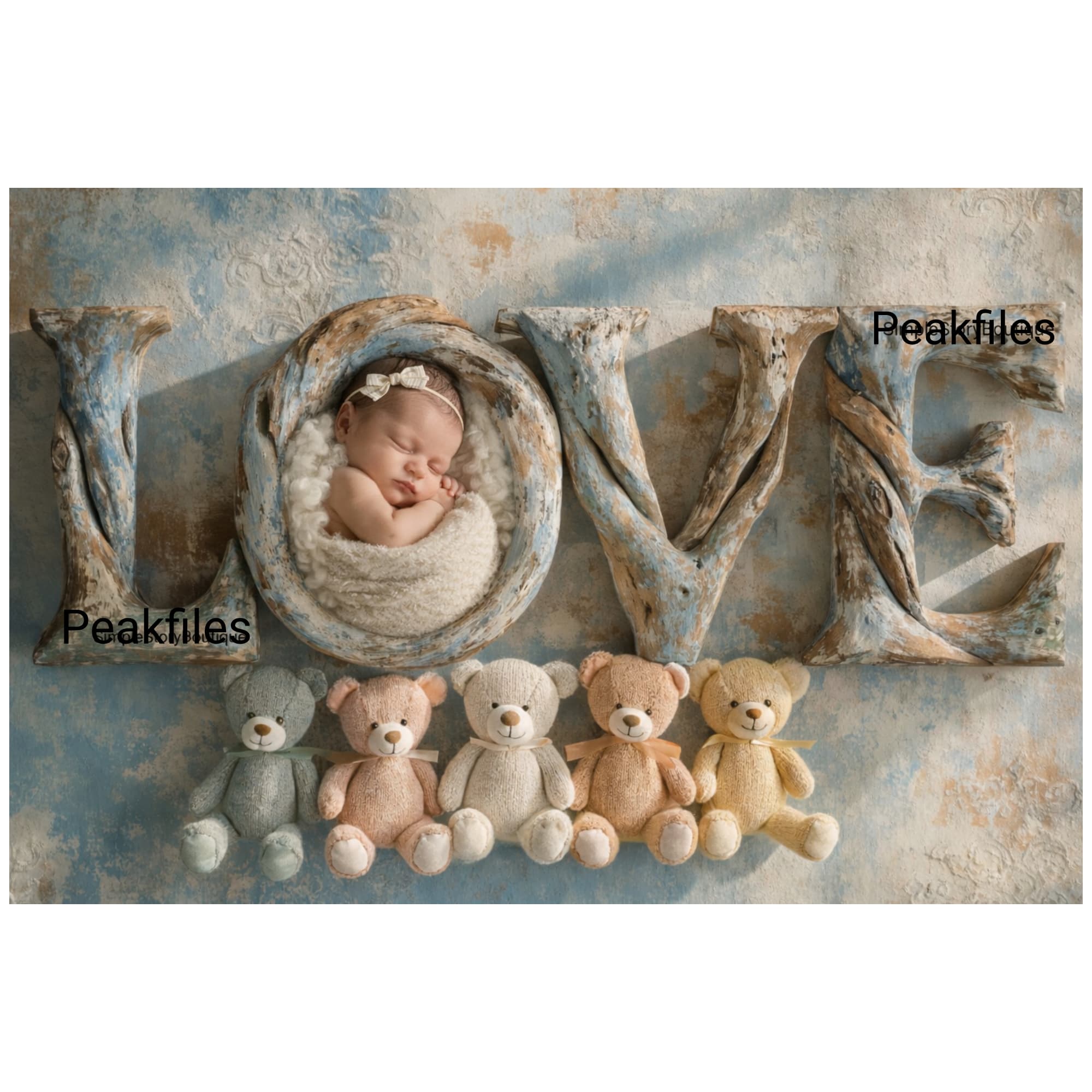 Newborn LOVE Digital Backdrop, Rustic Blue Wooden Letters, Teddy Bear Theme, Baby Photo Prop Background, Vintage, Newborn Photography