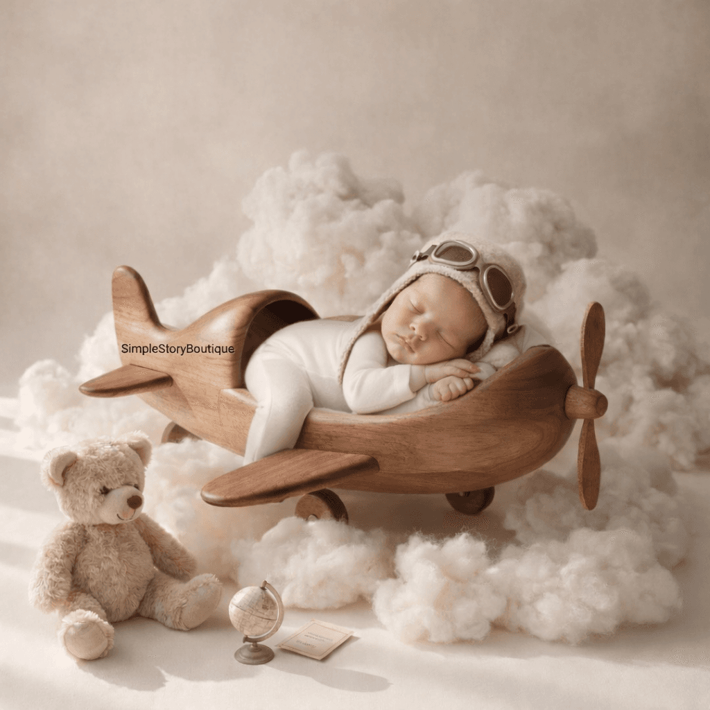 Newborn Digital Backdrop Airplane Cradle in Clouds, Vintage Wooden Plane Prop, Soft Neutral Baby Photography Background, Whimsical Dreamy - Thumbnail 2