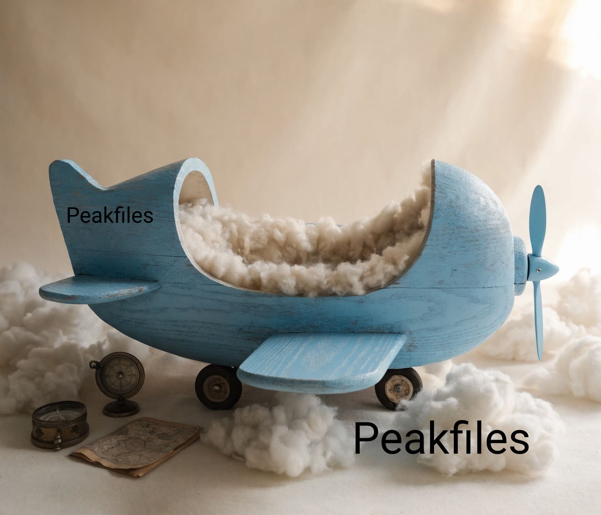 Newborn Digital Backdrop Airplane Cradle in Clouds, Vintage Wooden Plane Prop, Soft Neutral Baby Photography Background, Whimsical Dreamy - Thumbnail 2
