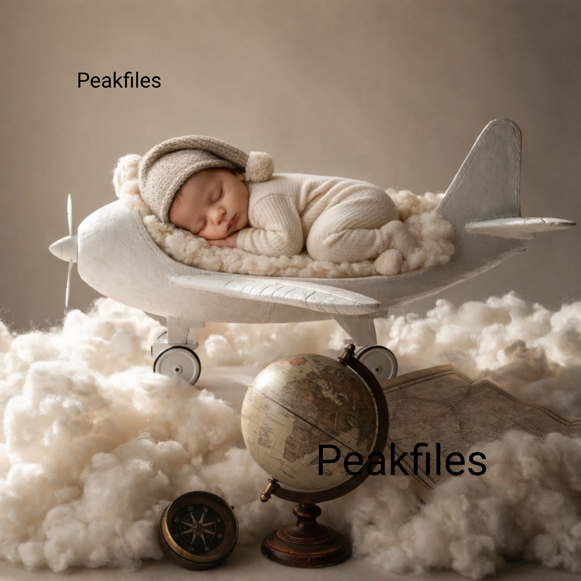 Newborn Digital Backdrop Airplane Cradle in Clouds, Vintage Wooden Plane Prop, Soft Neutral Baby Photography Background, Whimsical Dreamy
