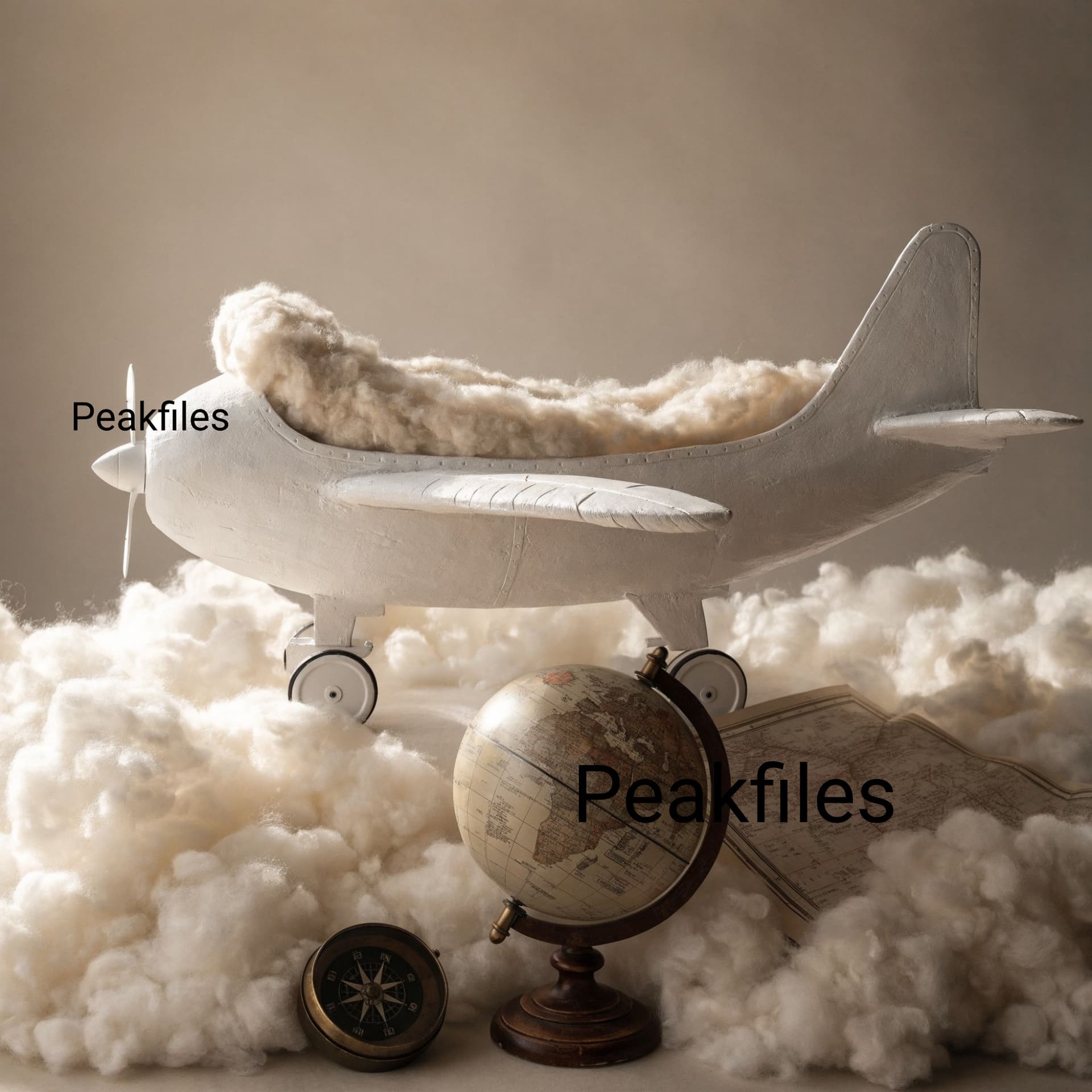 Newborn Digital Backdrop Airplane Cradle in Clouds, Vintage Wooden Plane Prop, Soft Neutral Baby Photography Background, Whimsical Dreamy - Thumbnail 2