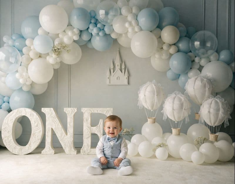 First Birthday Digital Backdrop: Blue & White Balloon Arch, Luxury Studio Setup, ONE Letters, Baby Boy 1st Birthday (Digital Download)