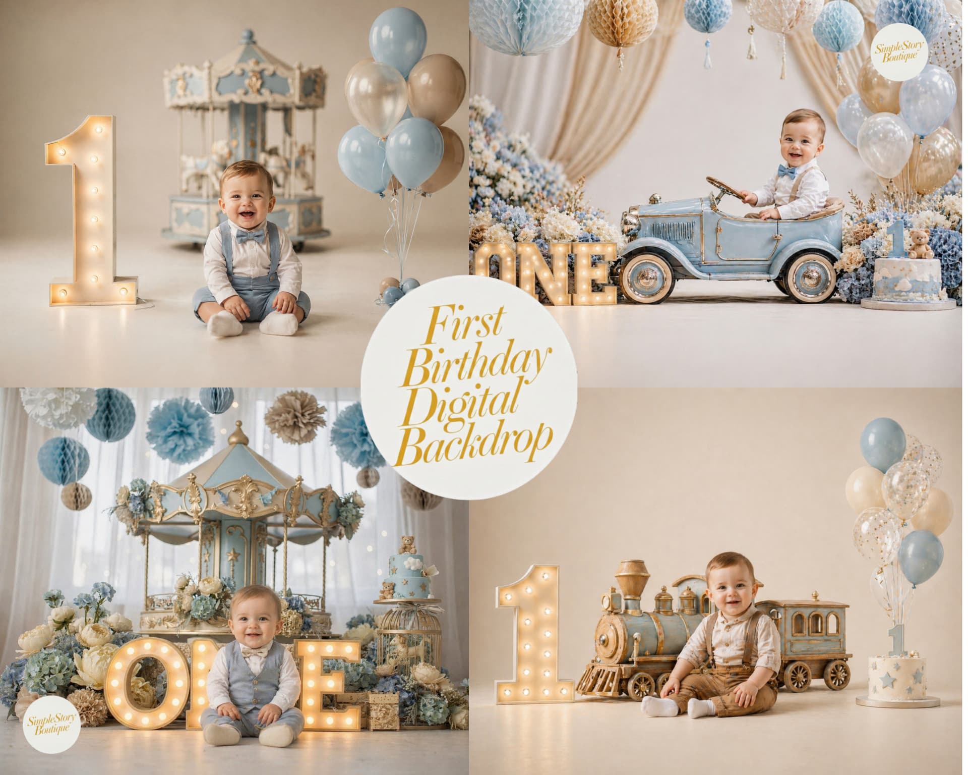 ONE First Birthday Digital Backdrop, Vintage Car Cake Smash Scene, Balloons, Retro Style, Boys 1st Birthday Photoshoot (Digital Download)