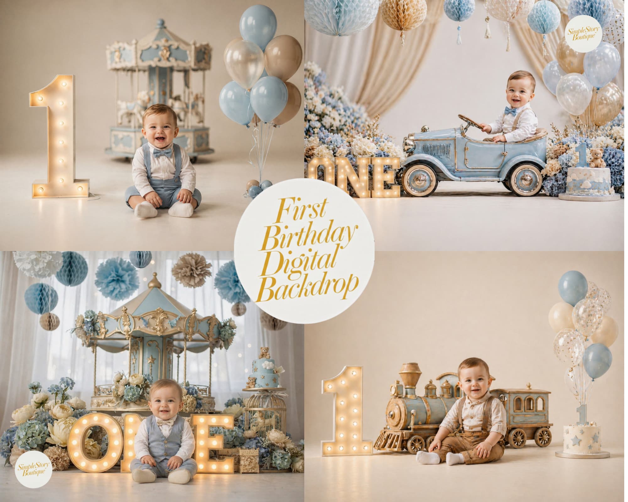 ONE First Birthday Digital Backdrop, Vintage Car Cake Smash Scene, Balloons, Retro Style, Boys 1st Birthday Photoshoot (Digital Download)