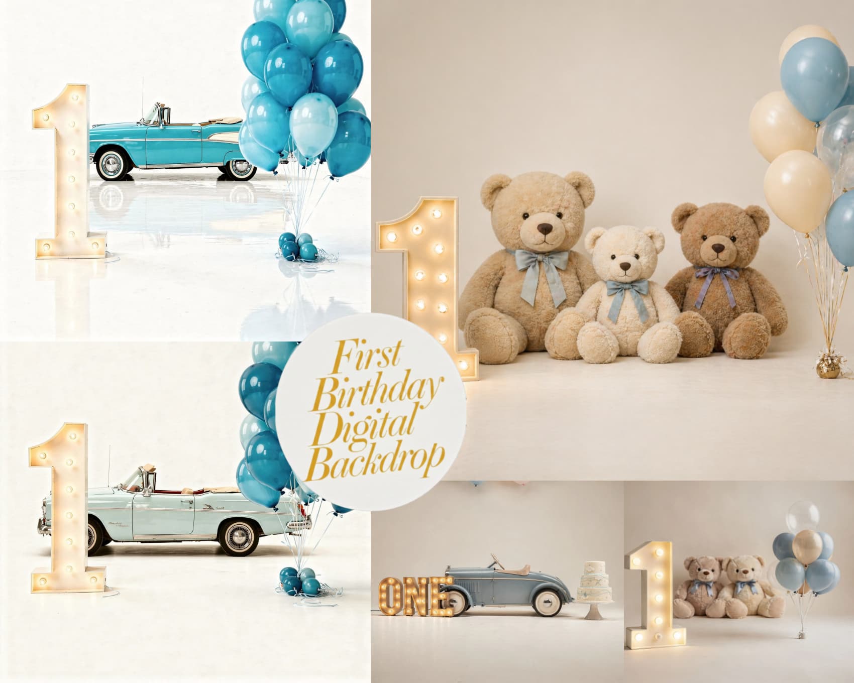 ONE First Birthday Digital Backdrop, Vintage Car Cake Smash Scene, Balloons, Retro Style, Boys 1st Birthday Photoshoot (Digital Download) - Thumbnail 2