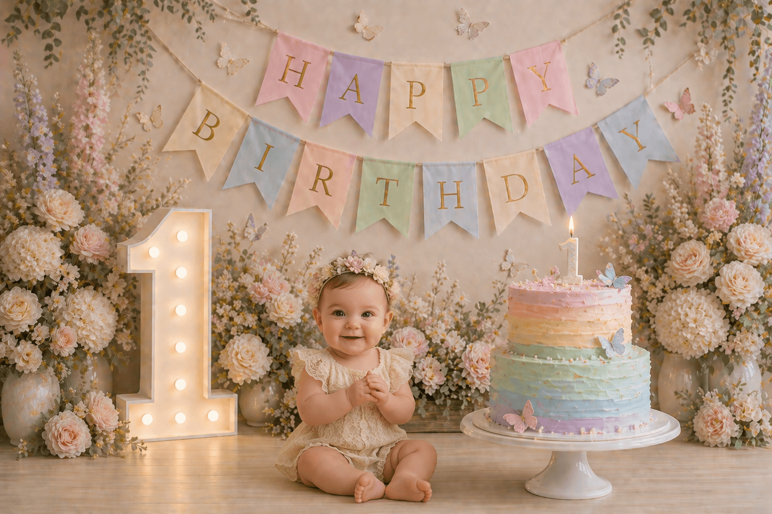 Pink Floral 1st Birthday Digital Backdrop Set of 4, Pastel ONE Cake Smash Background, Baby Girl First Birthday Photo Backdrop