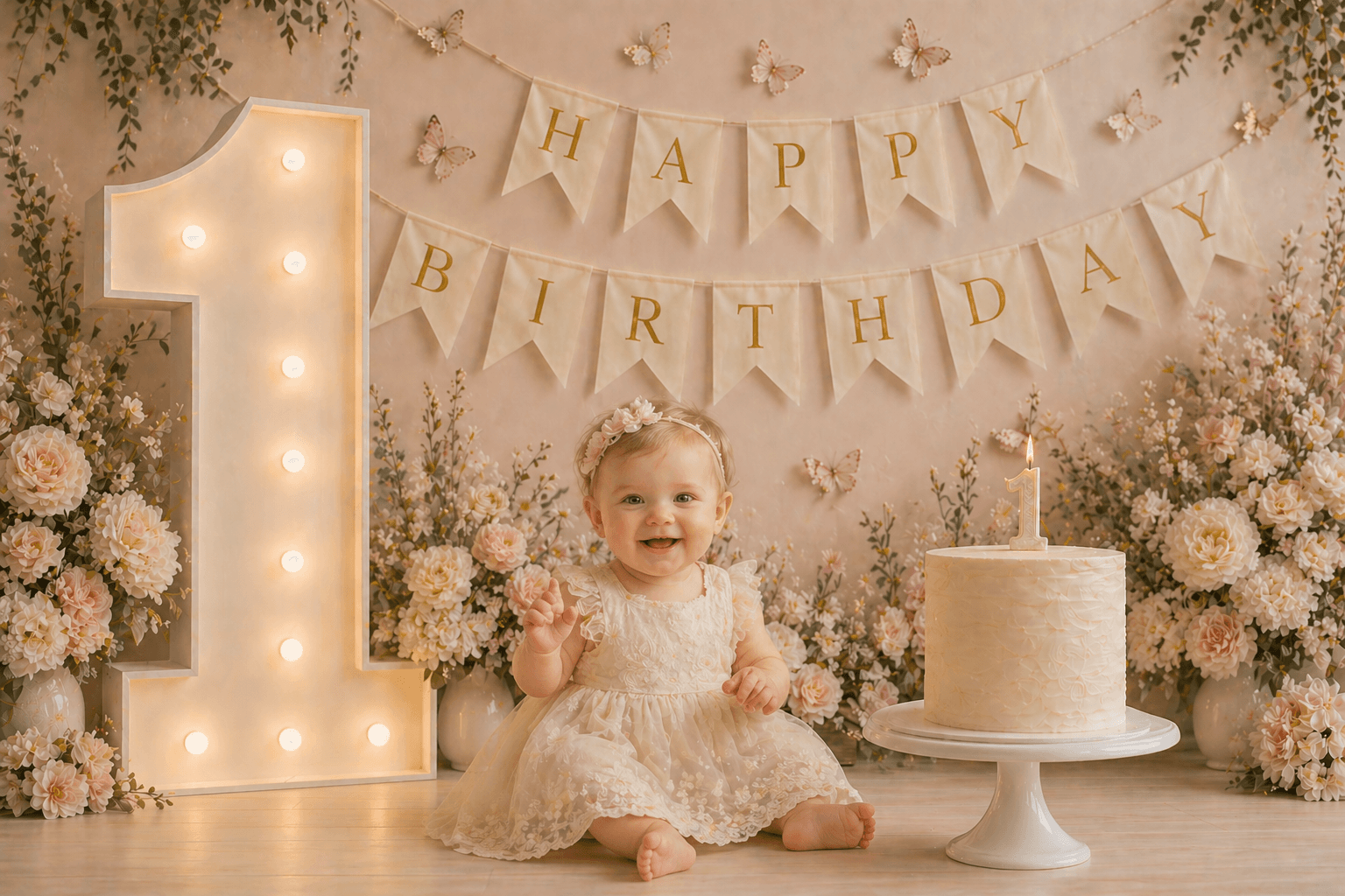 Pink Floral 1st Birthday Digital Backdrop Set of 4, Pastel ONE Cake Smash Background, Baby Girl First Birthday Photo Backdrop - Thumbnail 2