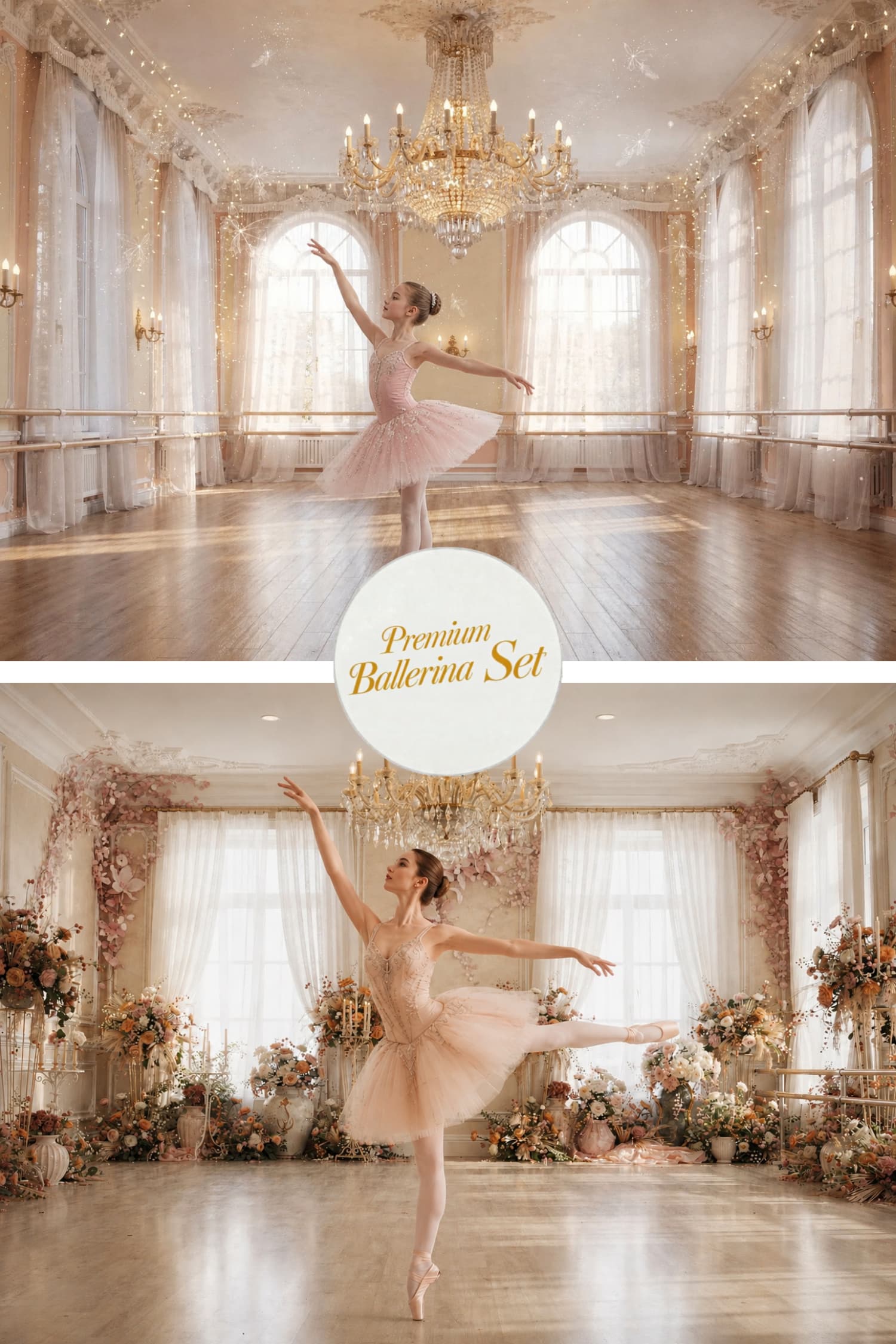 Ballet Studio Digital Backdrop with Chandelier, Elegant Ballroom Background, Pink Ballet Room, Fine Art Photography Backdrop for Girls