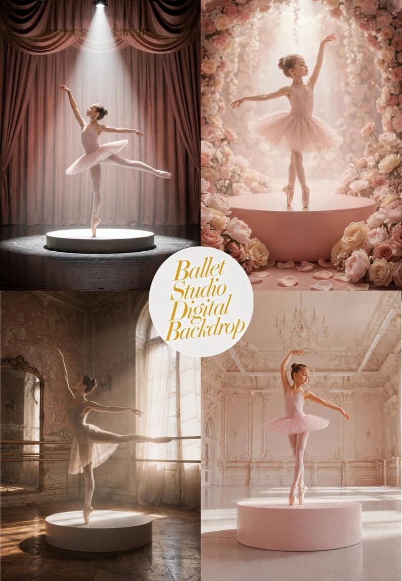 Ballet Digital Backdrop Bundle – 15 Backgrounds, Round Podium, Low Angle Studio, Ballerina Photoshop Overlay, 5 Styles Set