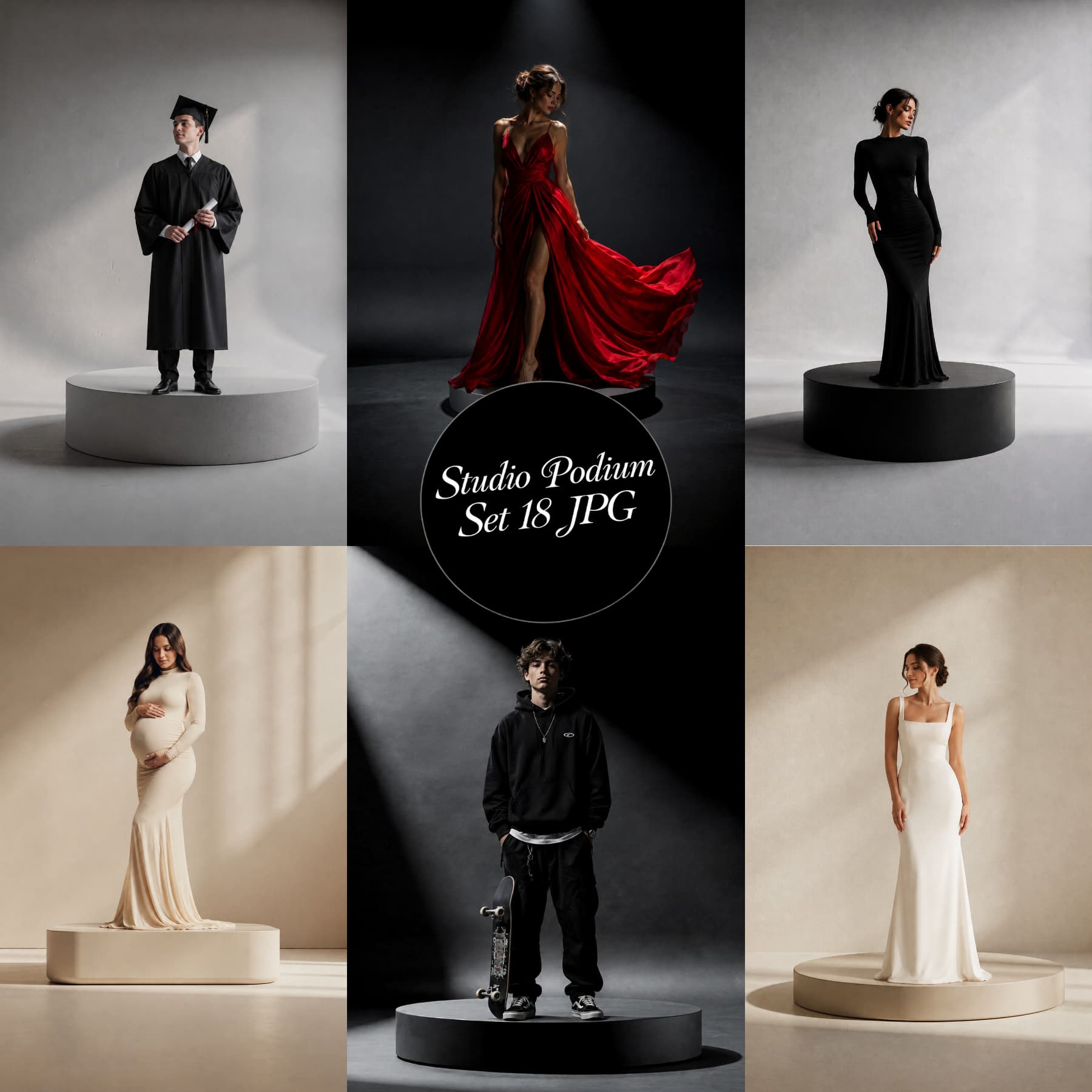 18 Podium Backdrops Digital Bundle JPG, Neutral Beige Dark Studio Stages, Minimalist Pedestal, Maternity & Portrait Photography Props