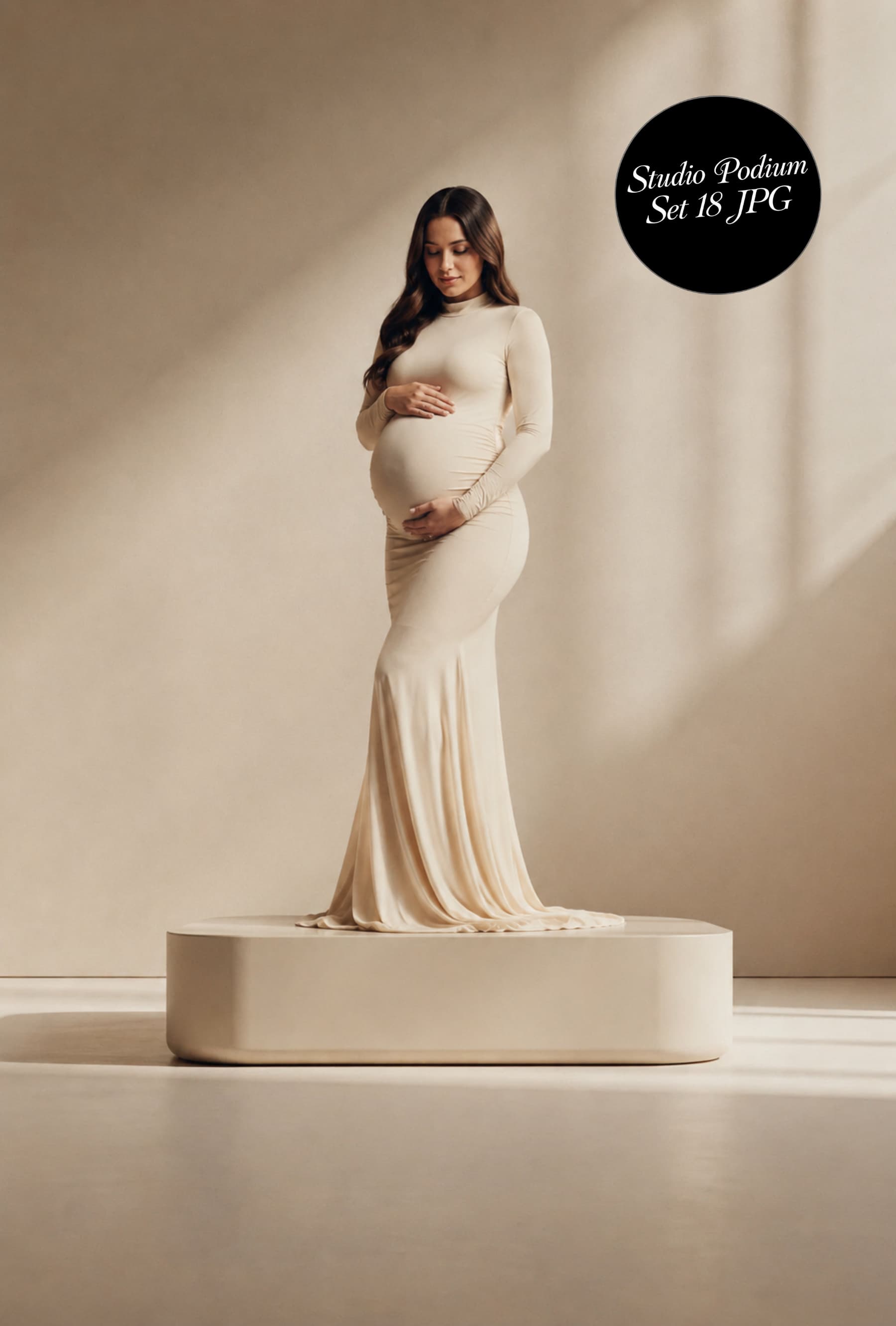 18 Podium Backdrops Digital Bundle JPG, Neutral Beige Dark Studio Stages, Minimalist Pedestal, Maternity & Portrait Photography Props - Thumbnail 7