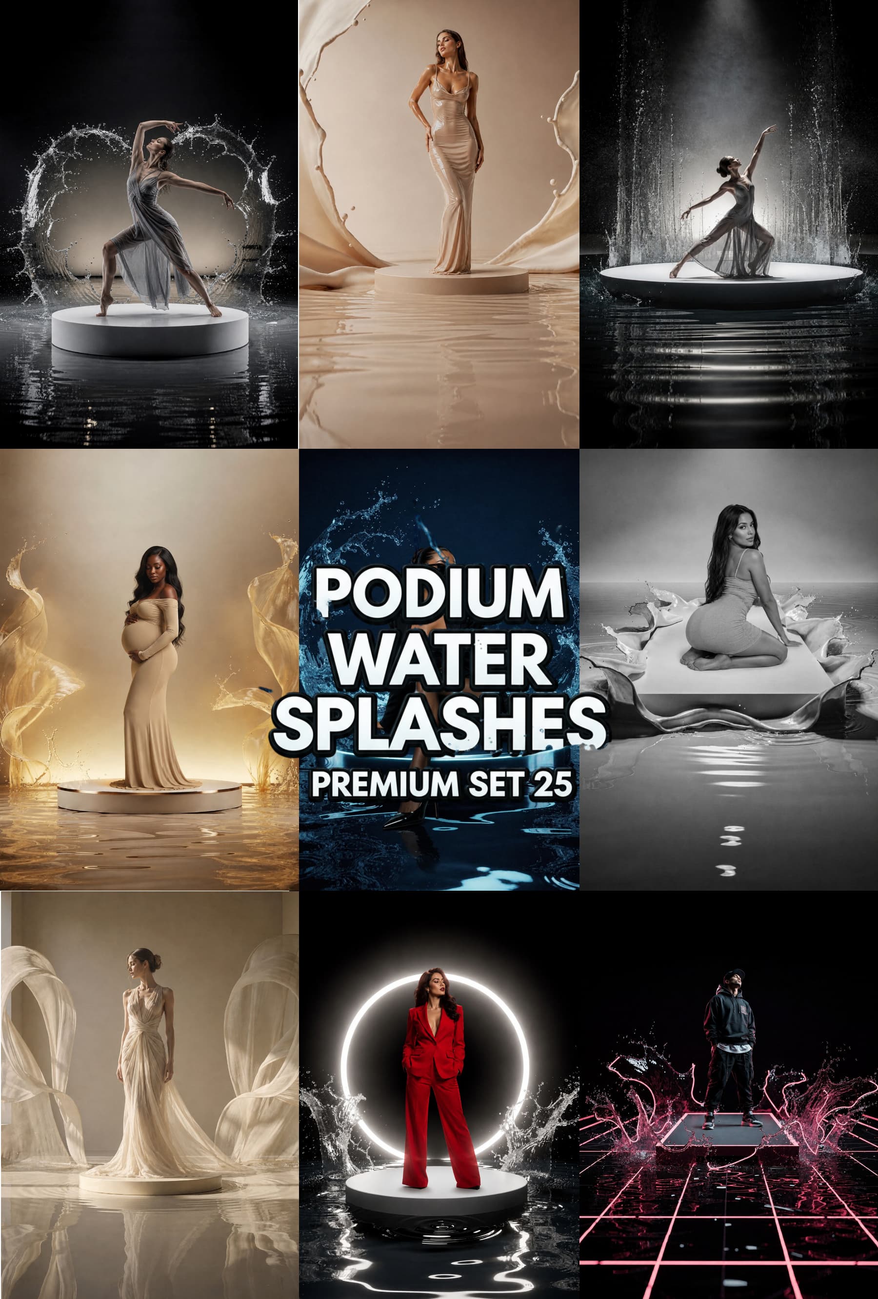 25 Water Splash Podium Digital Backdrops, Black Stage Spotlight Backgrounds, Fine Art Podium Set, Diverse Styles, Photoshop Composite JPG