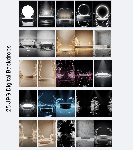 25 Water Splash Podium Digital Backdrops, Black Stage Spotlight Backgrounds, Fine Art Podium Set, Diverse Styles, Photoshop Composite JPG - Thumbnail 5