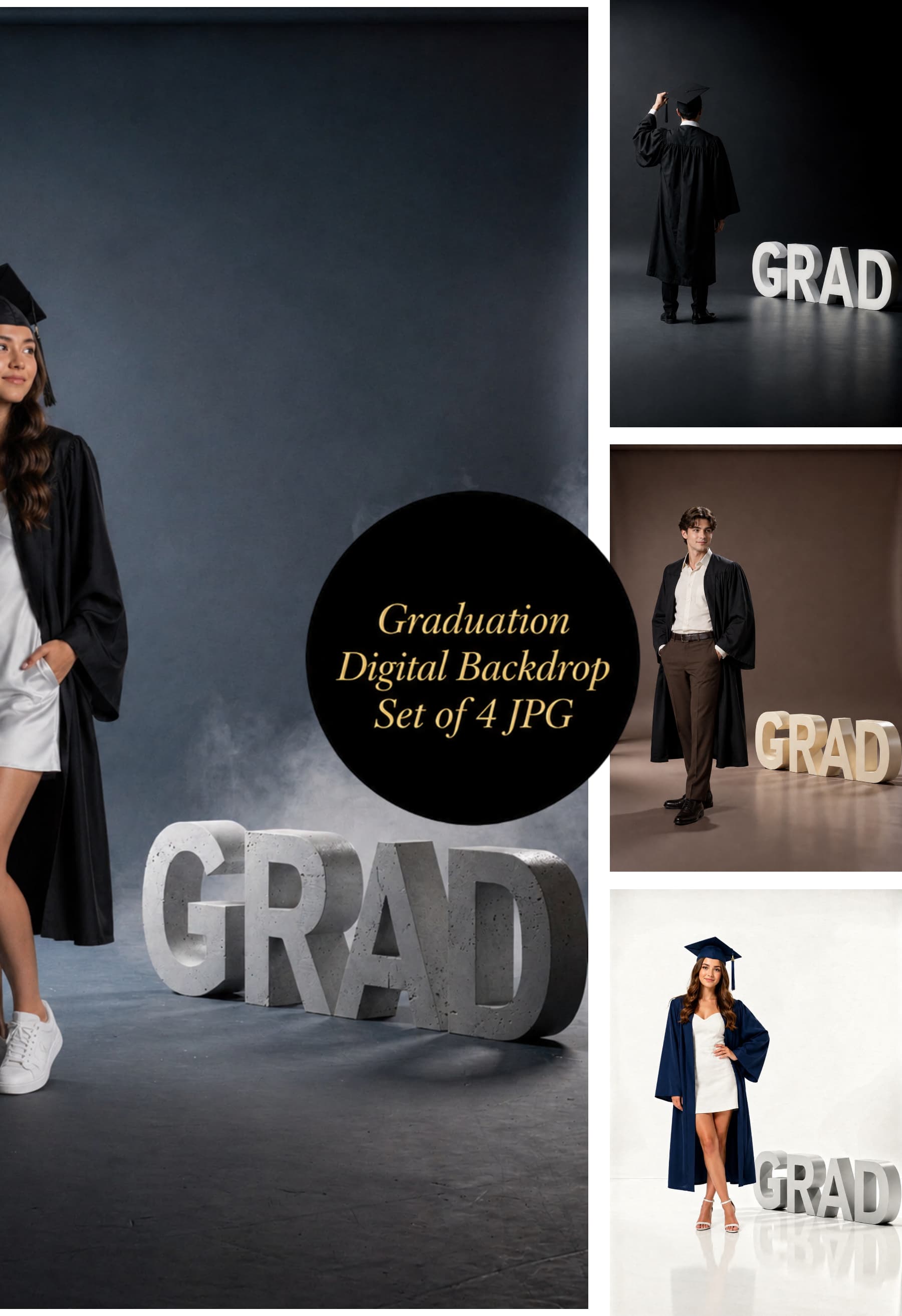 Graduation Digital Backdrop Set | 2026 Senior Photo Backgrounds with 3D GRAD Letters, 4 JPGs