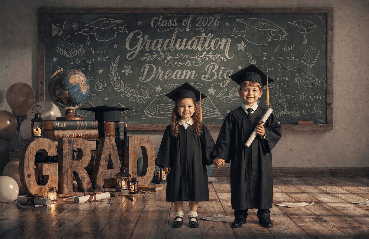 2026 Kindergarten Graduation Digital Backdrop | Colorful GRAD Letters | School Portrait PSD Overlay | Preschool Graduation Background