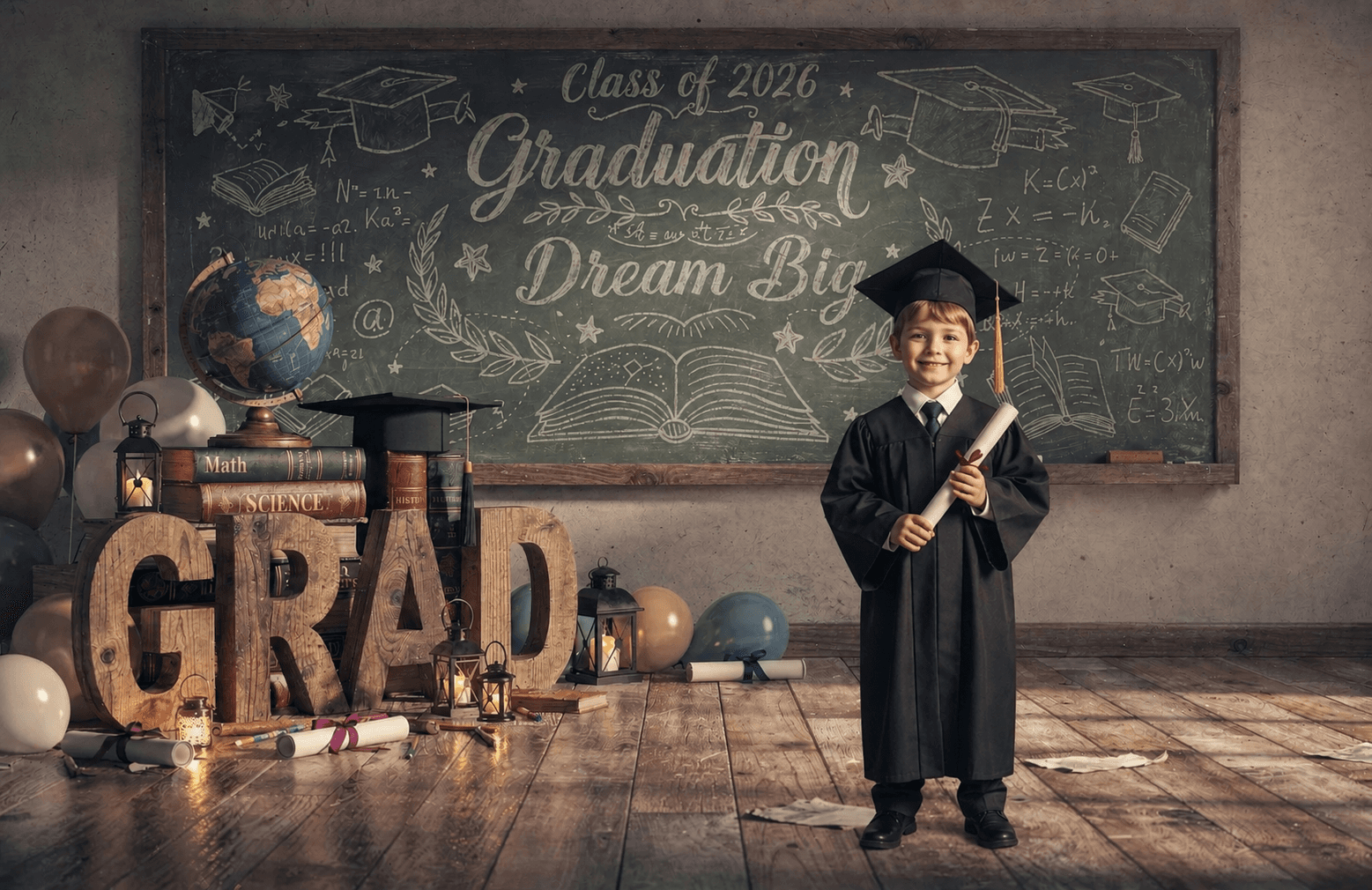 2026 Kindergarten Graduation Digital Backdrop | Colorful GRAD Letters | School Portrait PSD Overlay | Preschool Graduation Background - Thumbnail 2