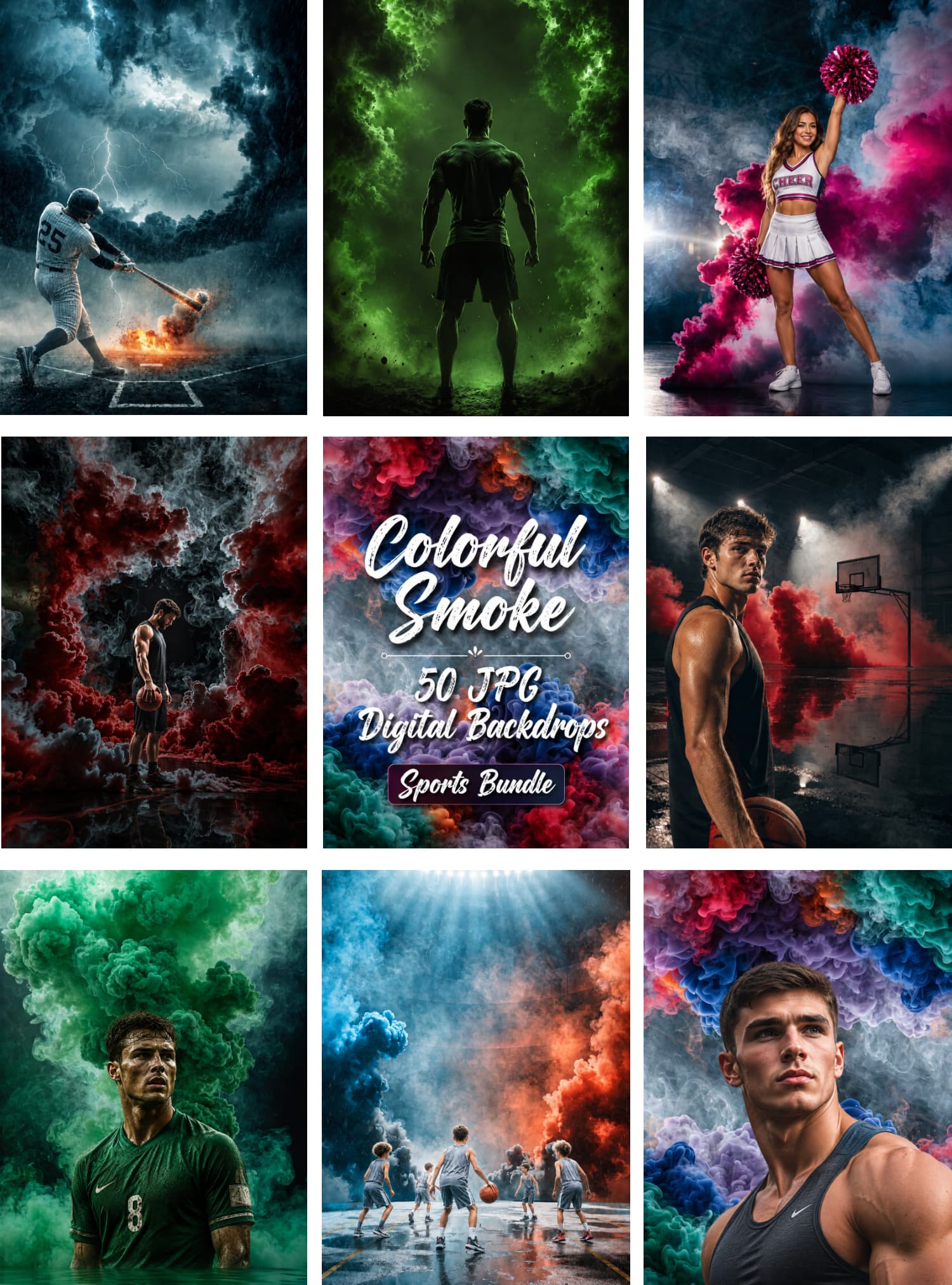 50 Colorful Smoke Sports Digital Backdrops | Senior Night Athlete Portraits | JPG Background Bundle
