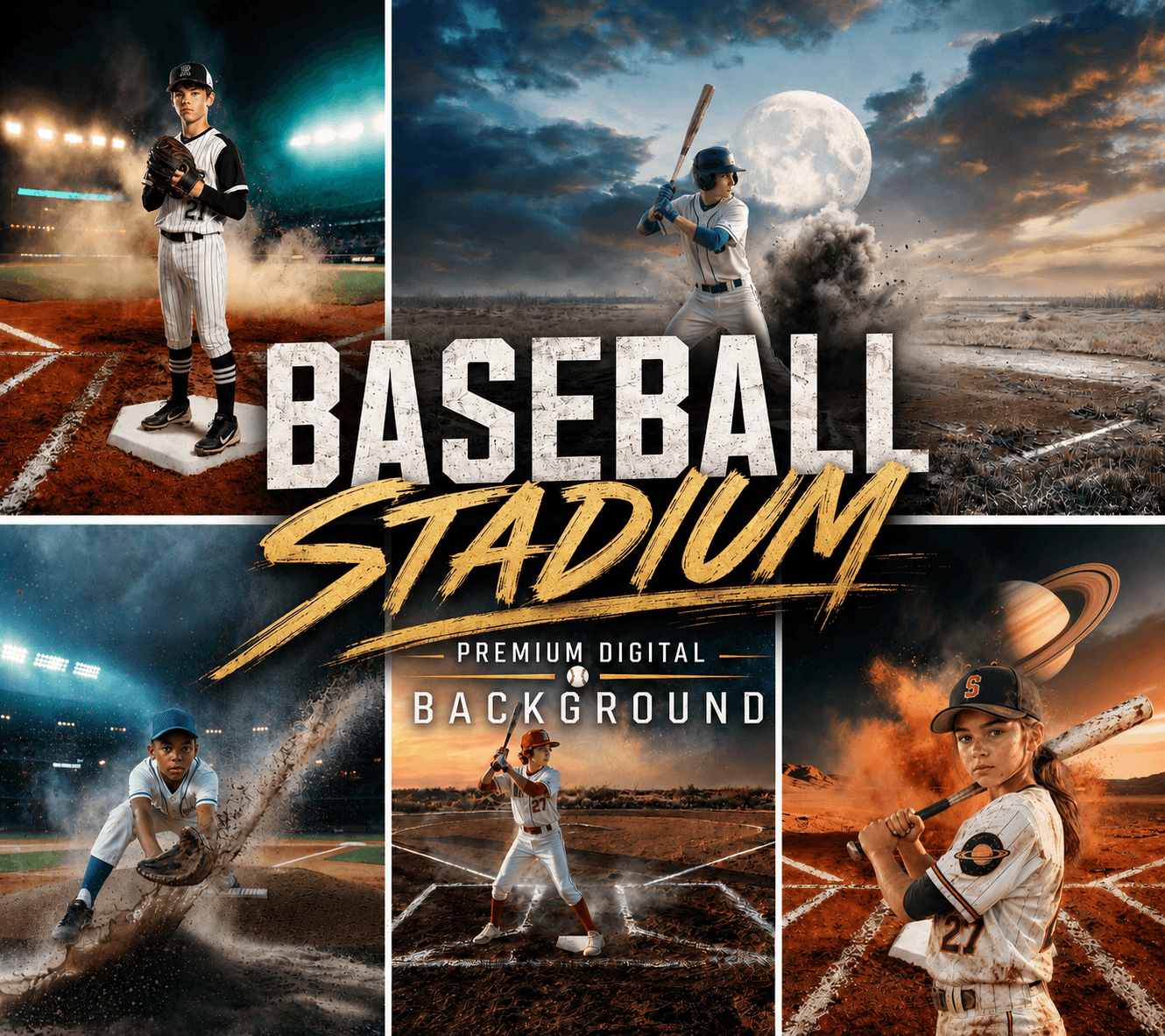 35 Baseball Digital Backdrops: Stadium Lights, Smoke Effects, Sports Photo Backgrounds, Baseball Photoshop Overlay, Team Portrait Backdrop