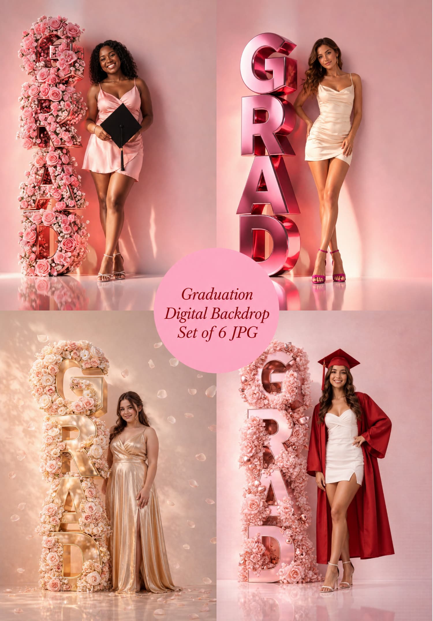 Pink Graduation Digital Backdrop Set | 2026 Senior Photo Backgrounds with 3D GRAD Letters, 6 JPGs