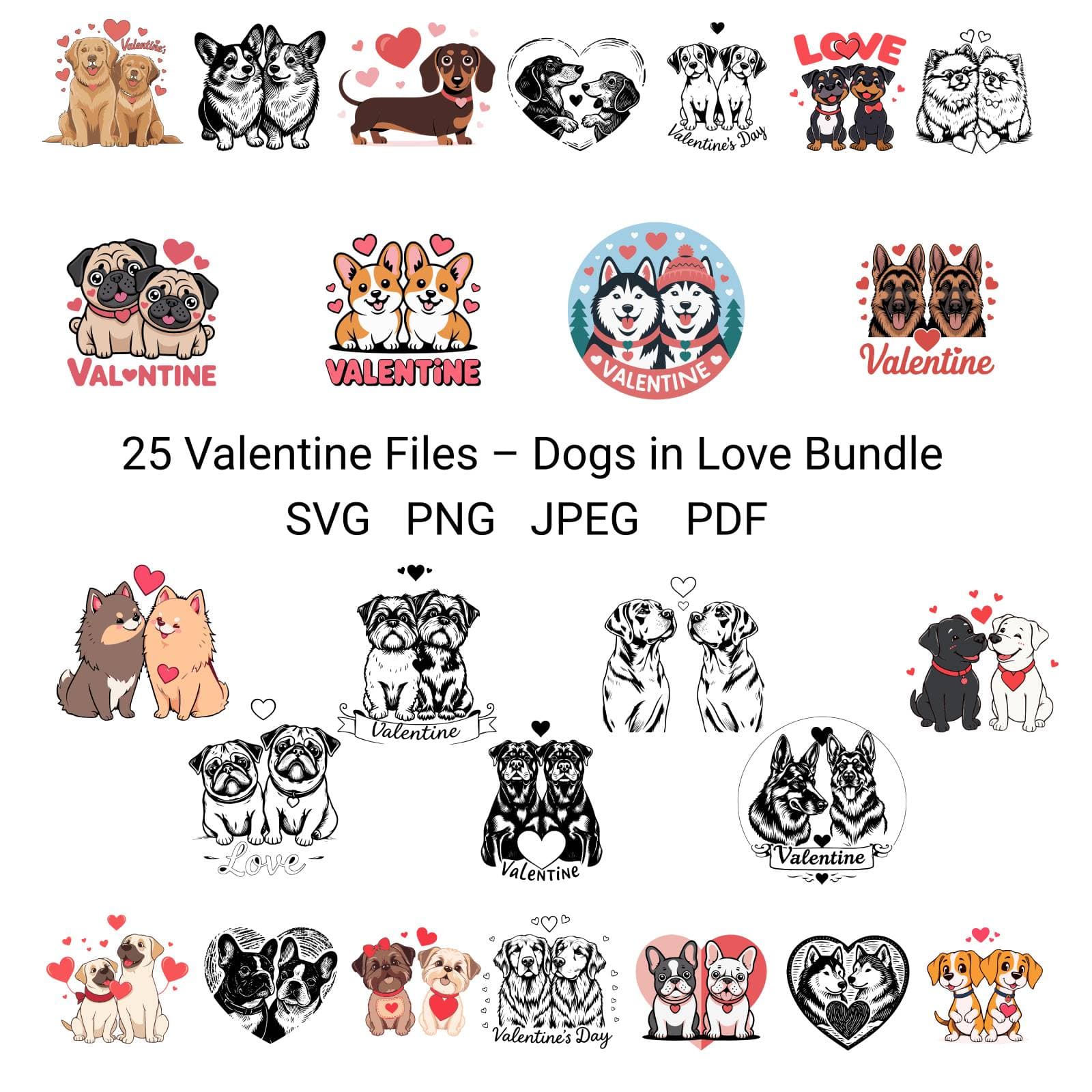 25 Valentine’s Day Love Dogs – SVG, PNG, JPG & PDF Bundle