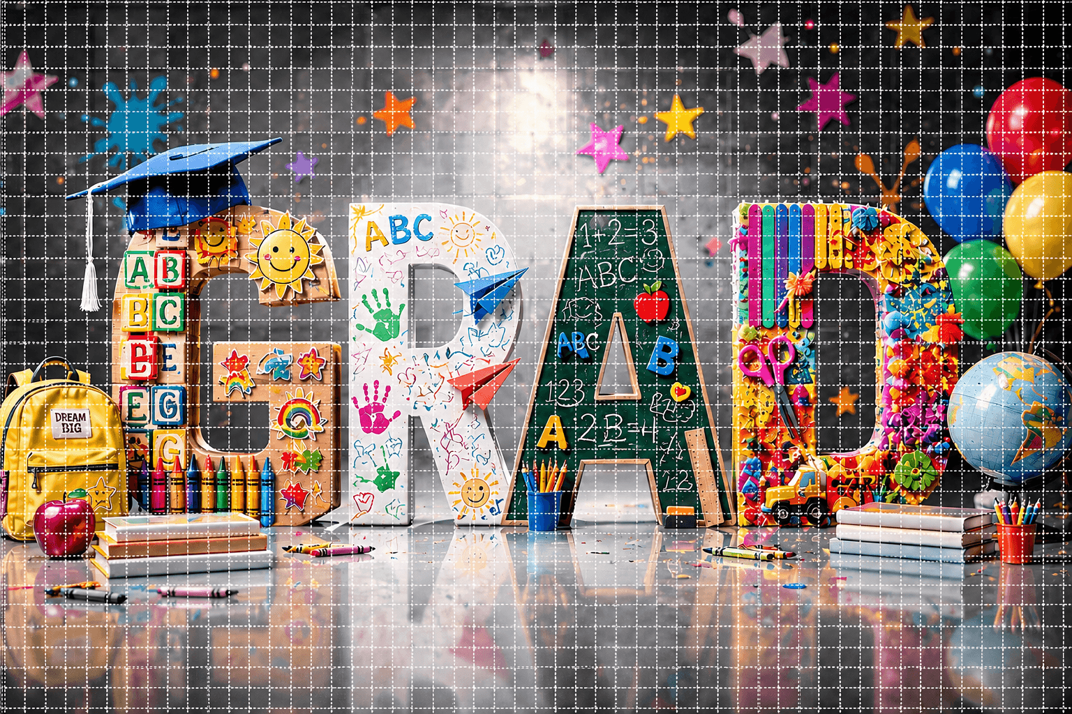 Kindergarten Graduation Digital Backdrop | Colorful GRAD Letters | School Portrait PSD Overlay | Preschool Graduation Background - Thumbnail 5
