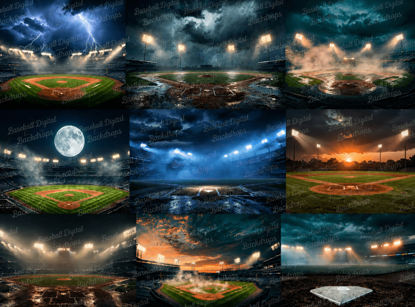 50 Baseball Digital Backdrops – Baseball Stadium Backgrounds, Stormy Skies, Night Games, JPG Files - Thumbnail 11