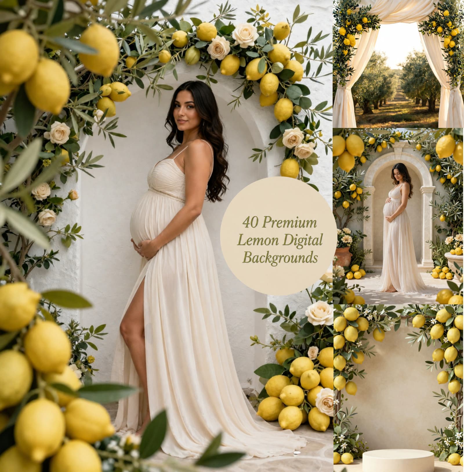 Italian Summer Baby Shower Backdrop Bundle, 40 Lemon & Olive Digital Backgrounds, Mediterranean Maternity Portrait Backdrops, JPG Download