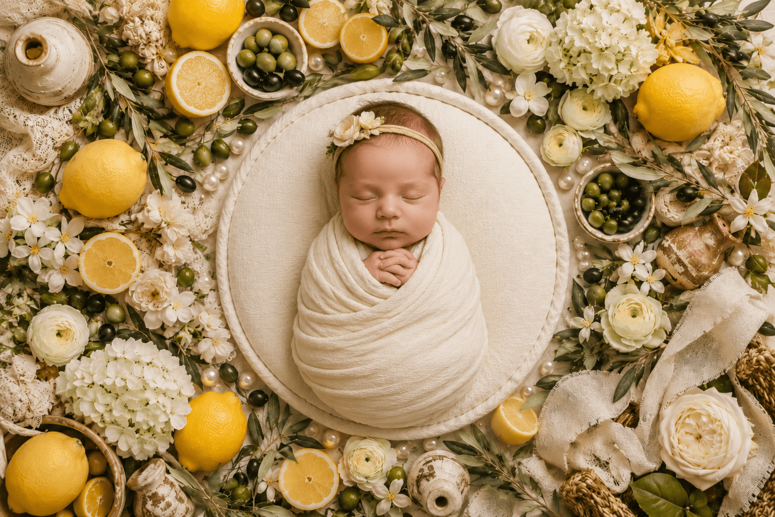 Lemon Newborn Digital Backdrop, Italian Summer Baby Composite, Newborn Photoshop Background, Lemon Olive Baby Backdrop