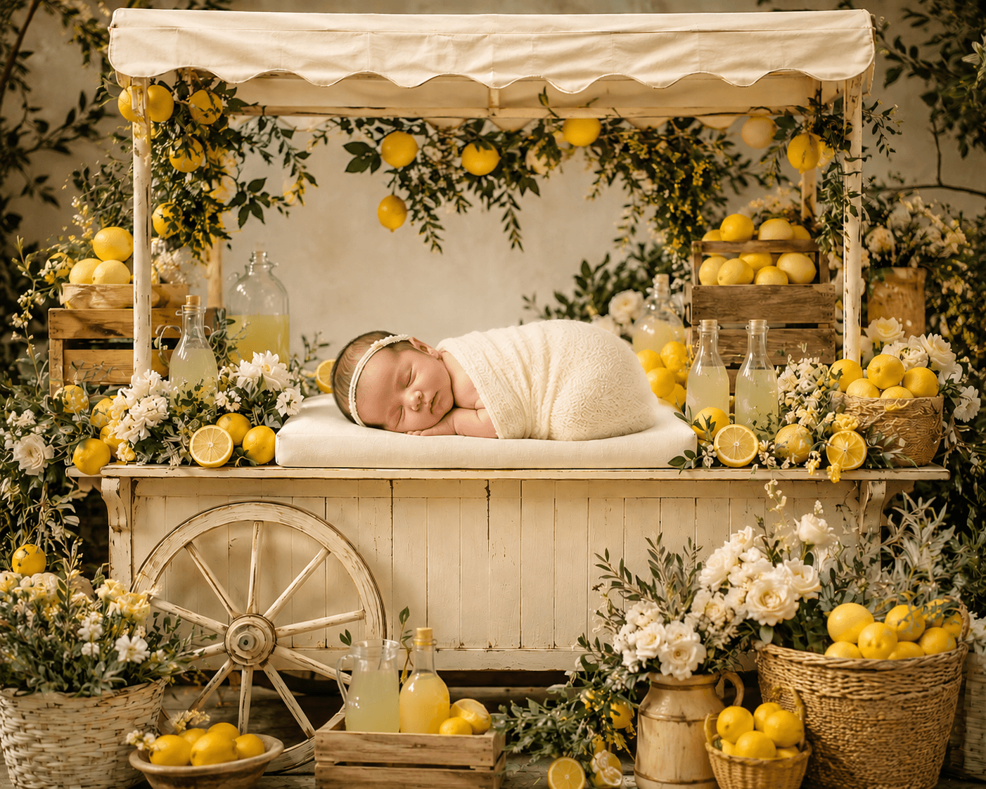 Set of 2 Lemon Newborn Digital Backdrops, Lemonade Stand Baby Composite, Newborn Photoshop Background, Summer Citrus Photography Backdrop, Rustic Lemon Market Scene - Thumbnail 2