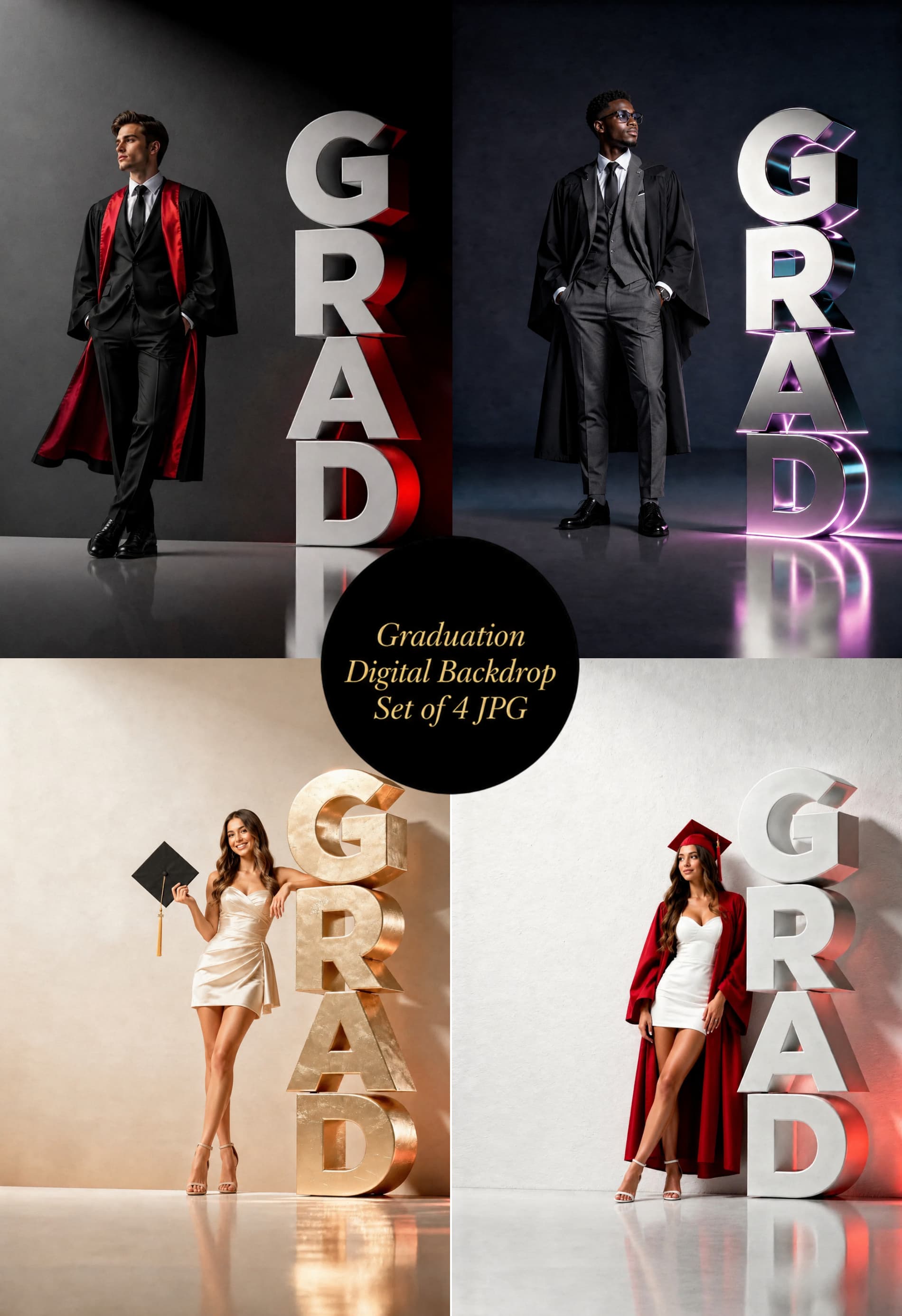 Graduation Digital Backdrop Set | 2026 Senior Photo Backgrounds with 3D GRAD Letters, 4 JPGs