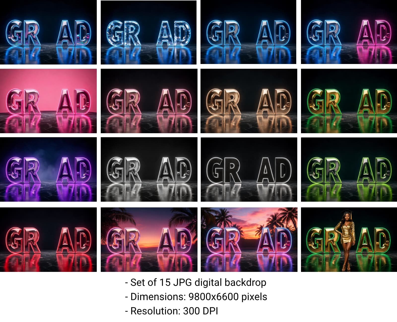 Neon Graduation Digital Backdrop, Grad Party Digital Background, Class of 2026 Photo Booth Backdrop, 15 JPG Files, Instant Download - Thumbnail 10