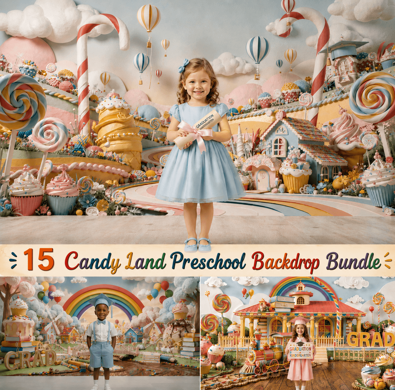 Candy Land School Photo Backdrop Bundle, Preschool Kindergarten Graduation, 15 JPG Backgrounds