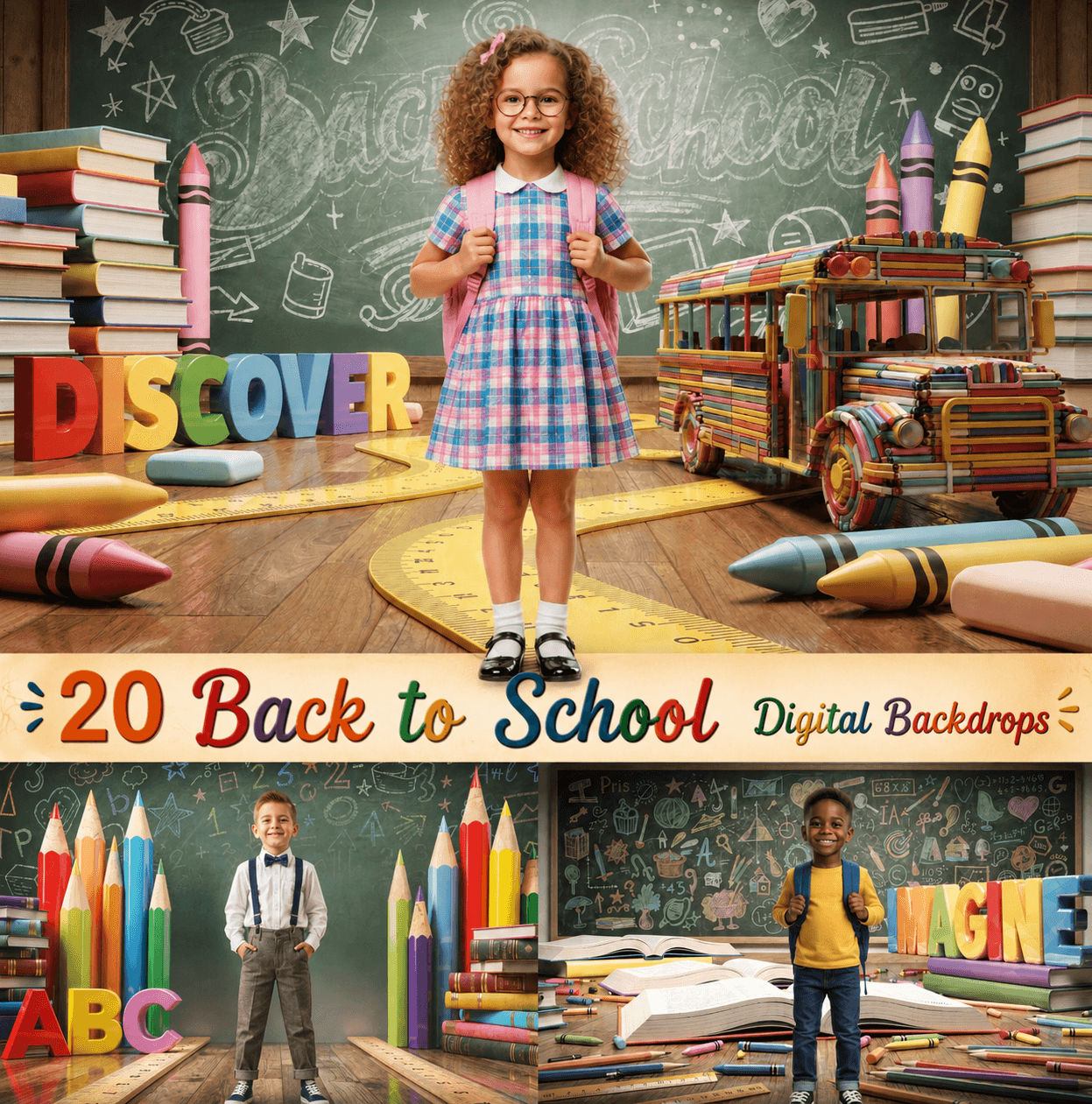 20 Back to School Digital Backdrops Bundle | School Portrait Backgrounds | Composite Photo Templates | Classroom Photography Backdrops